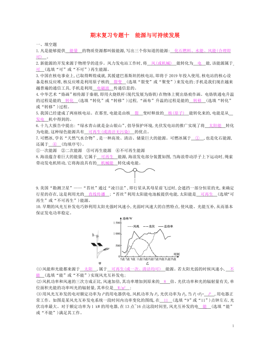 九年级物理全册 期末复习专题十 能源与可持续发展练习 （新版）新人教版_第1页