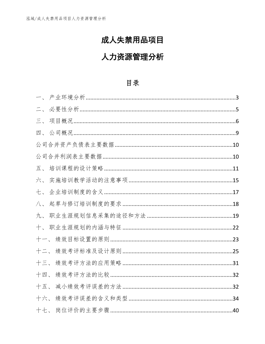 成人失禁用品项目人力资源管理分析【范文】_第1页