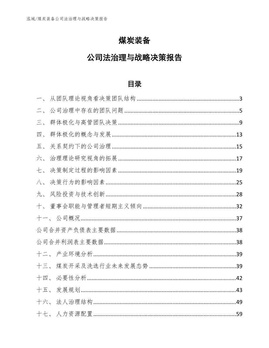 煤炭装备公司法治理与战略决策报告_第1页