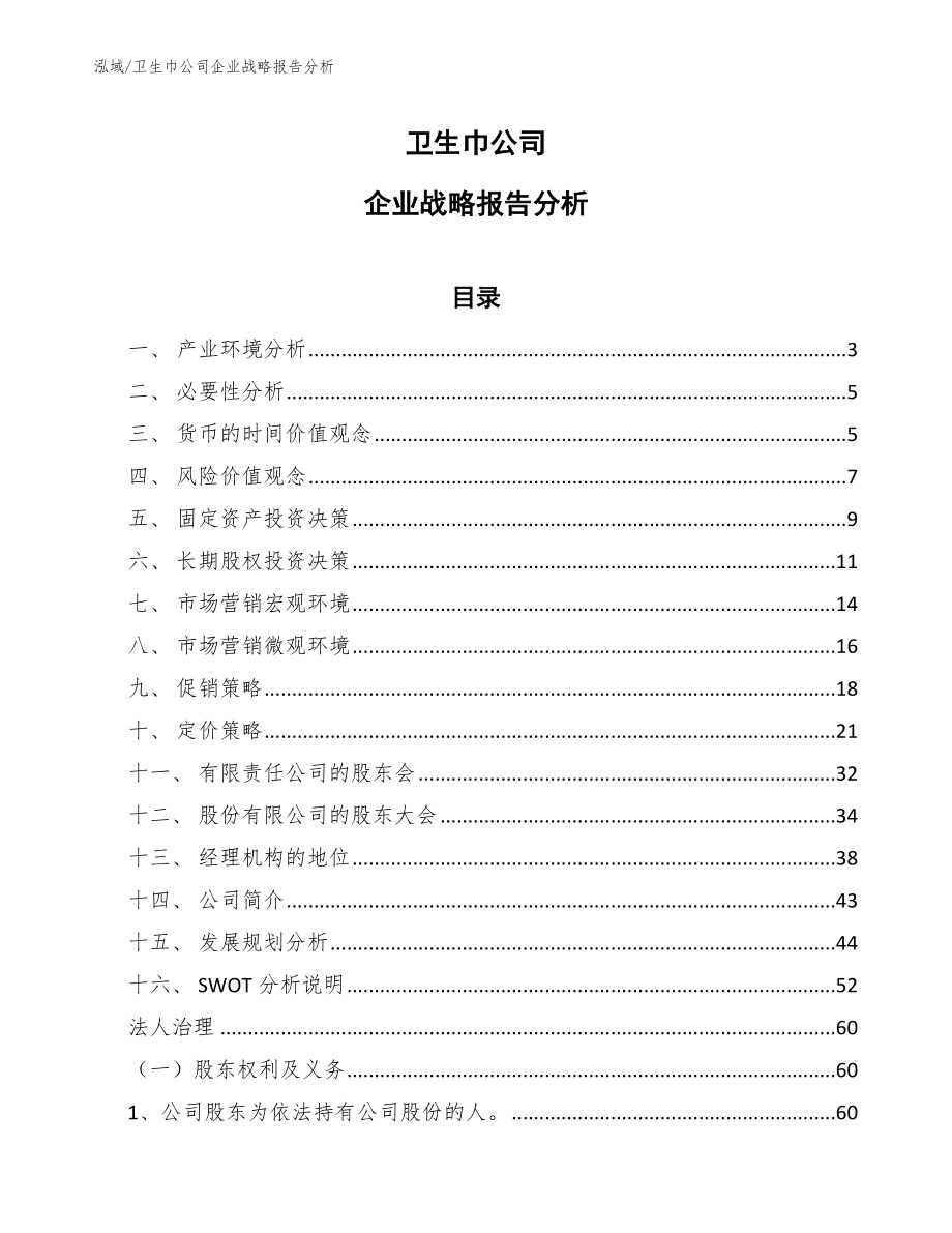 卫生巾公司企业战略报告分析_范文_第1页