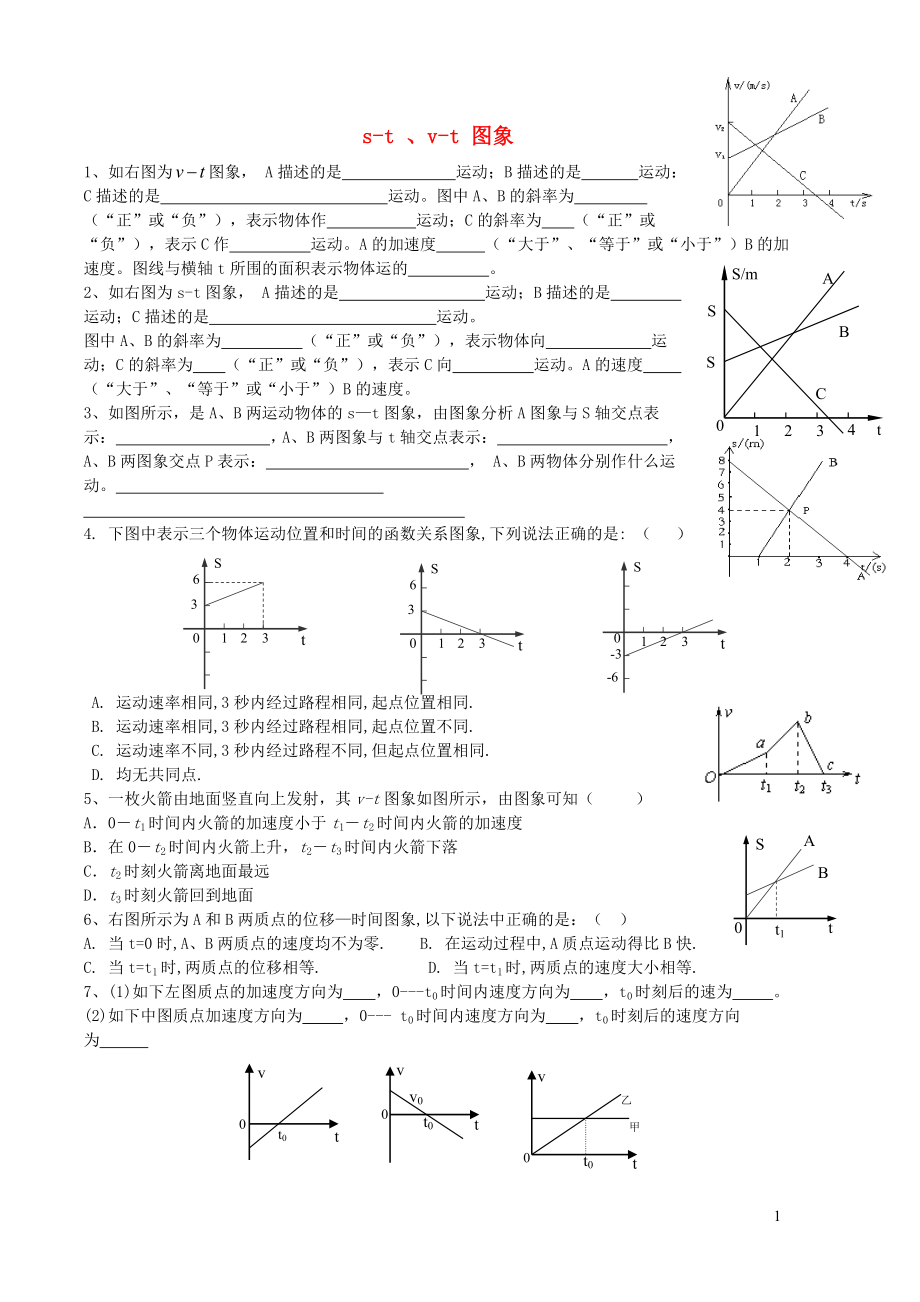 八年級物理全冊 第二章 運動的世界 第四節(jié) 科學探究：速度的變化 s-t、v-t圖像專題（無答案）（新版）滬科版_第1頁