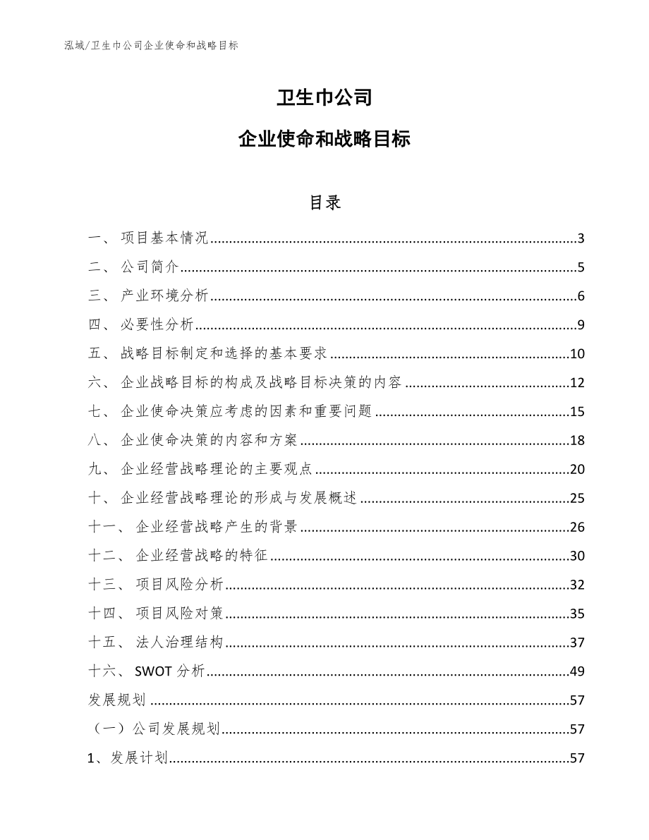 卫生巾公司企业使命和战略目标（范文）_第1页