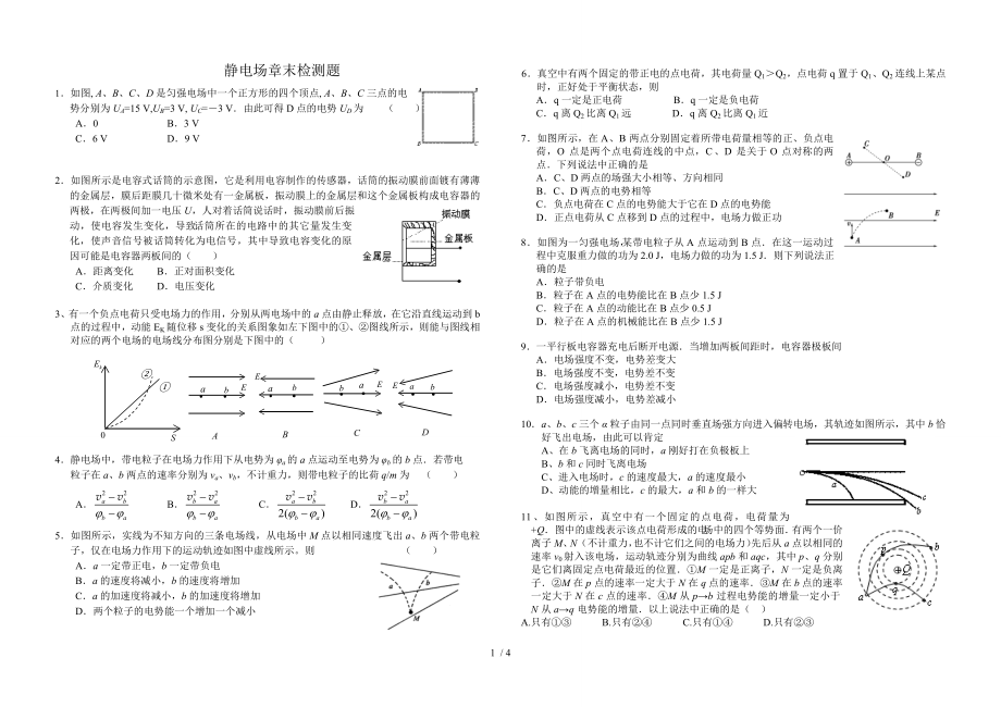 人教版 高二物理 選修3-1 第一章 靜電場 章末檢測題_第1頁