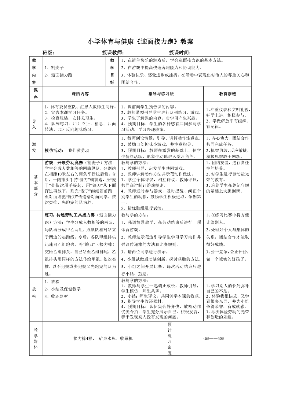 小學(xué)體育與健康《迎面接力跑》教案_第1頁