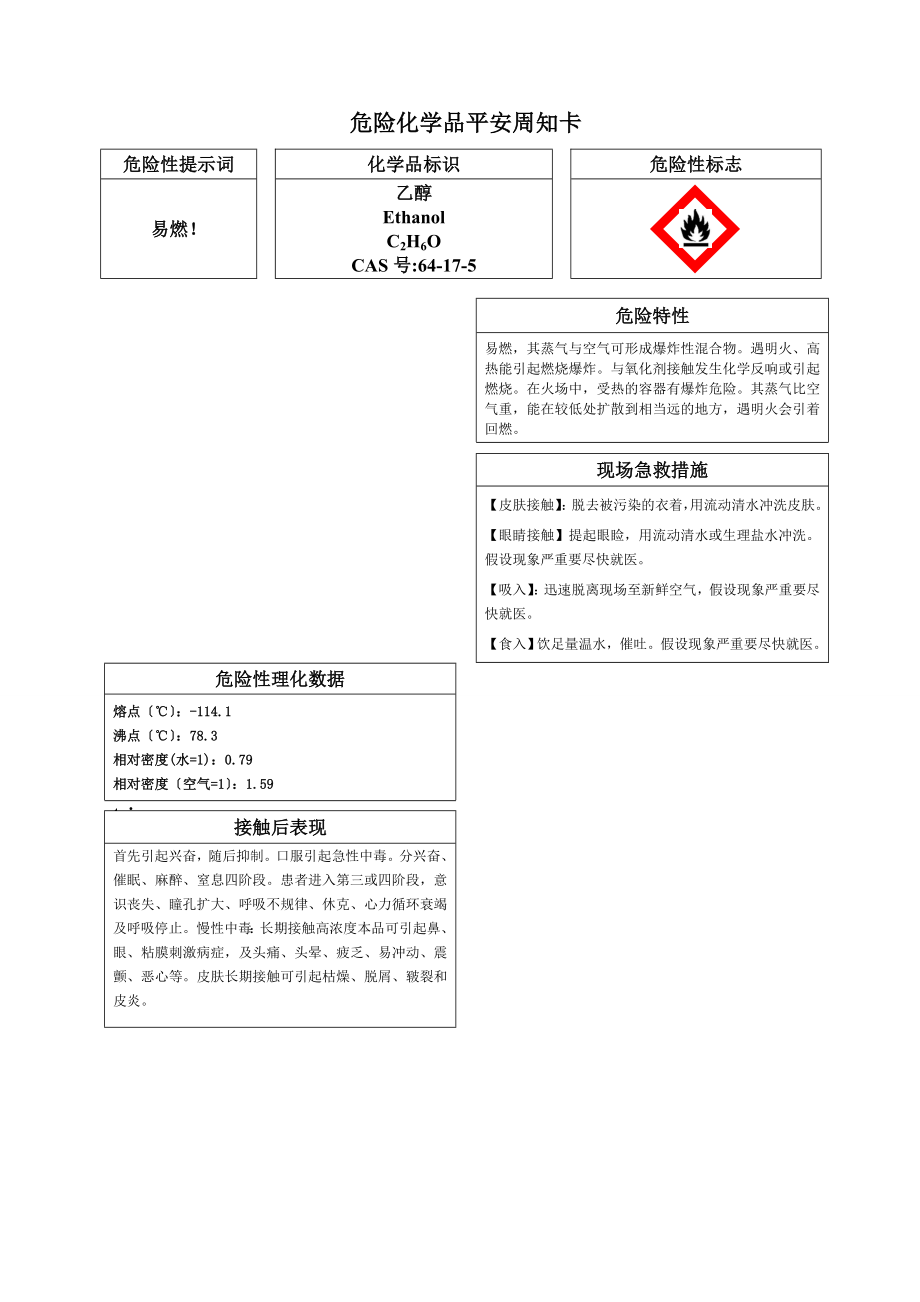 危险化学品乙醇安全周知卡_第1页