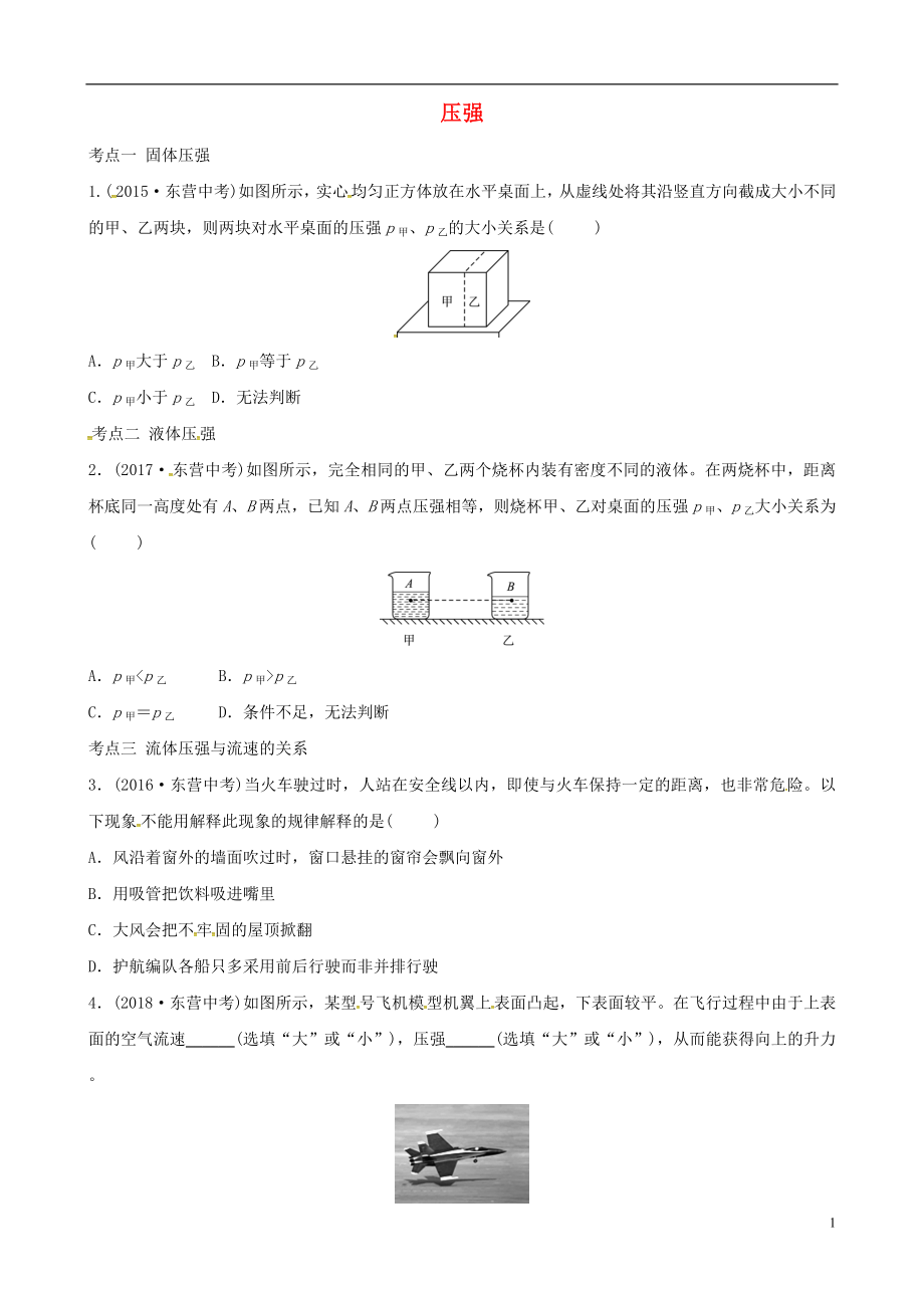 （東營(yíng)專版）2019年中考物理總復(fù)習(xí) 第九章 壓強(qiáng)真題演練_第1頁(yè)