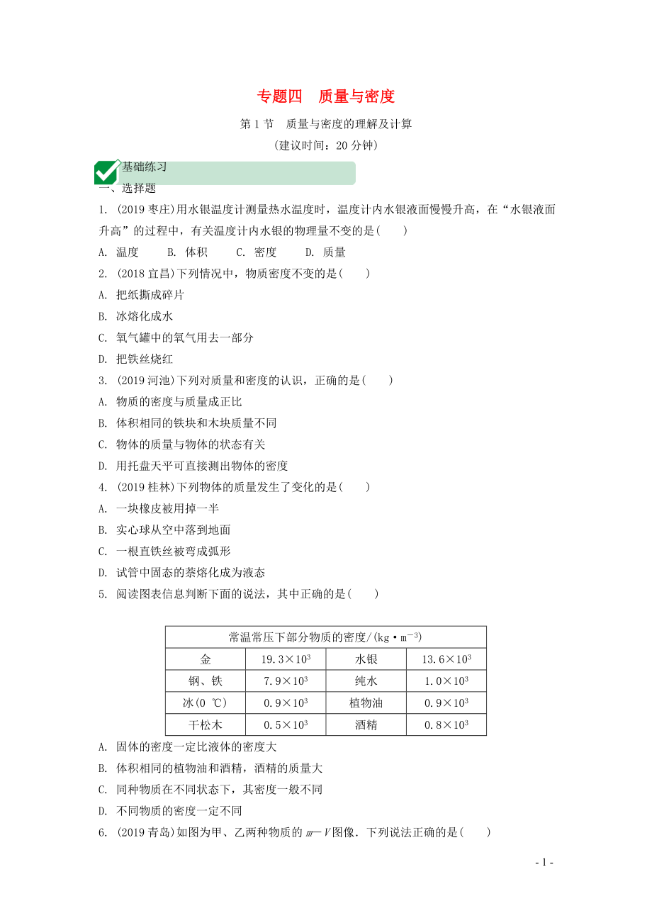 湖南省2020年中考物理一輪復(fù)習(xí) 專題四 質(zhì)量與密度 第1節(jié) 質(zhì)量與密度的理解及計(jì)算練習(xí)_第1頁