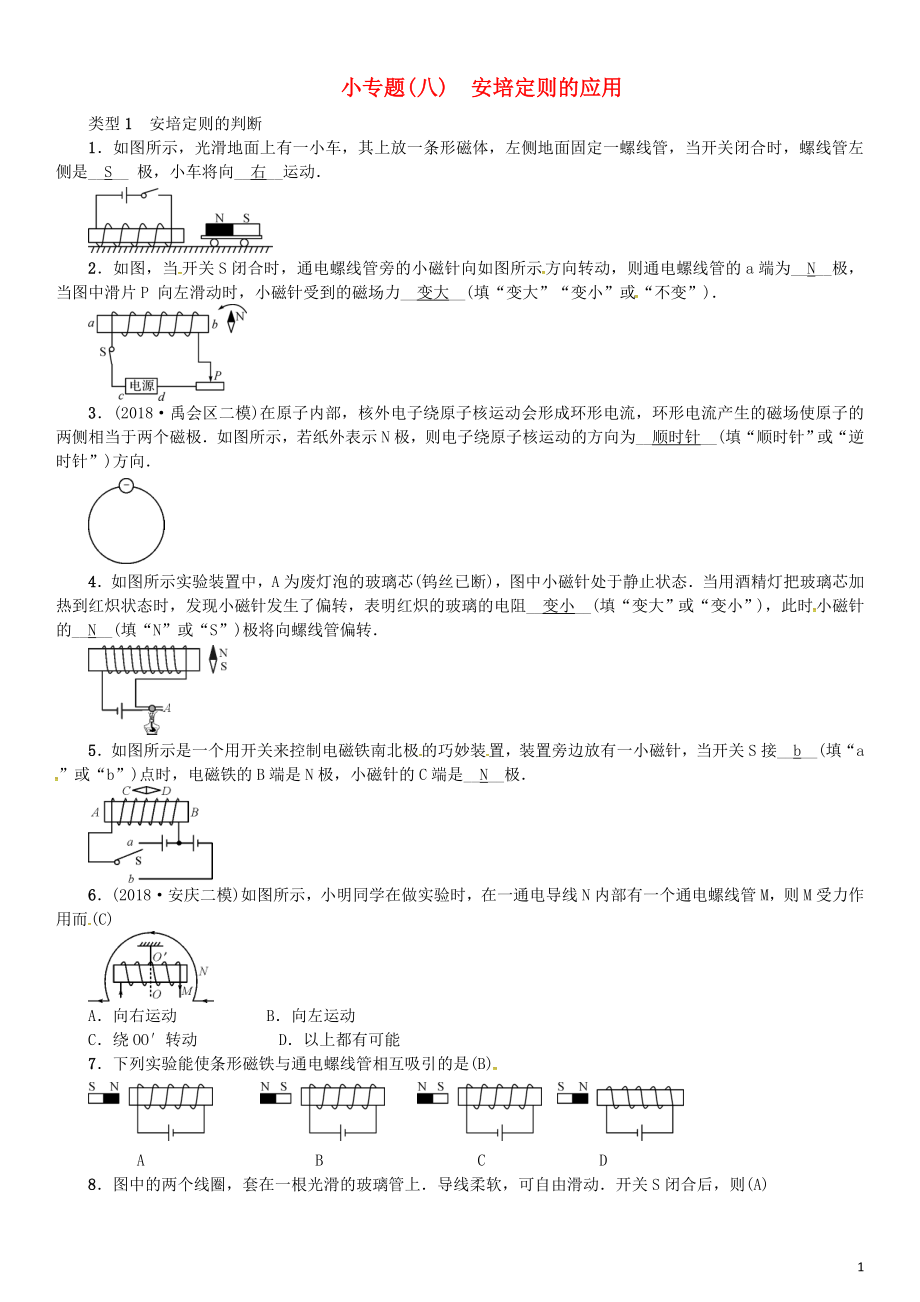 （安徽專版）2018年九年級物理全冊 小專題（八）安培定則的應用習題 （新版）新人教版_第1頁