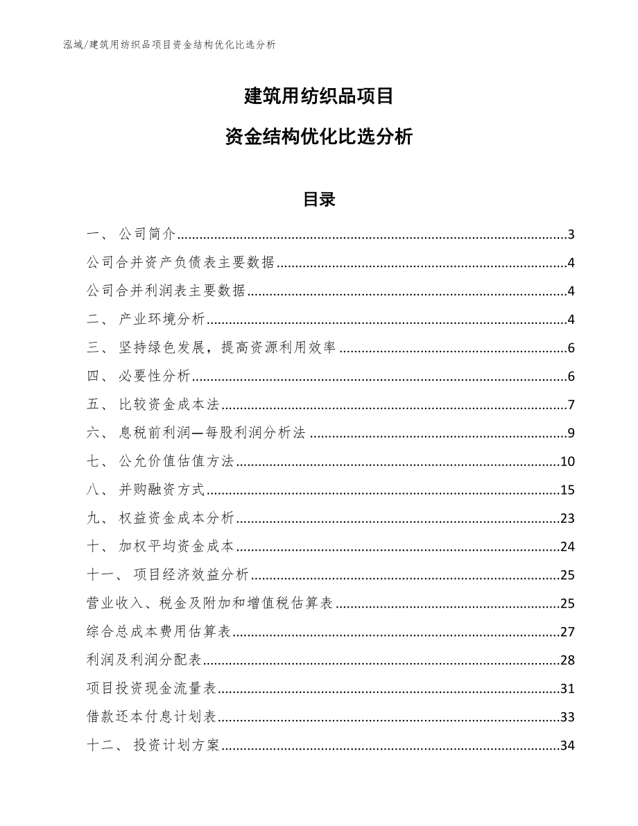 建筑用纺织品项目资金结构优化比选分析（范文）_第1页