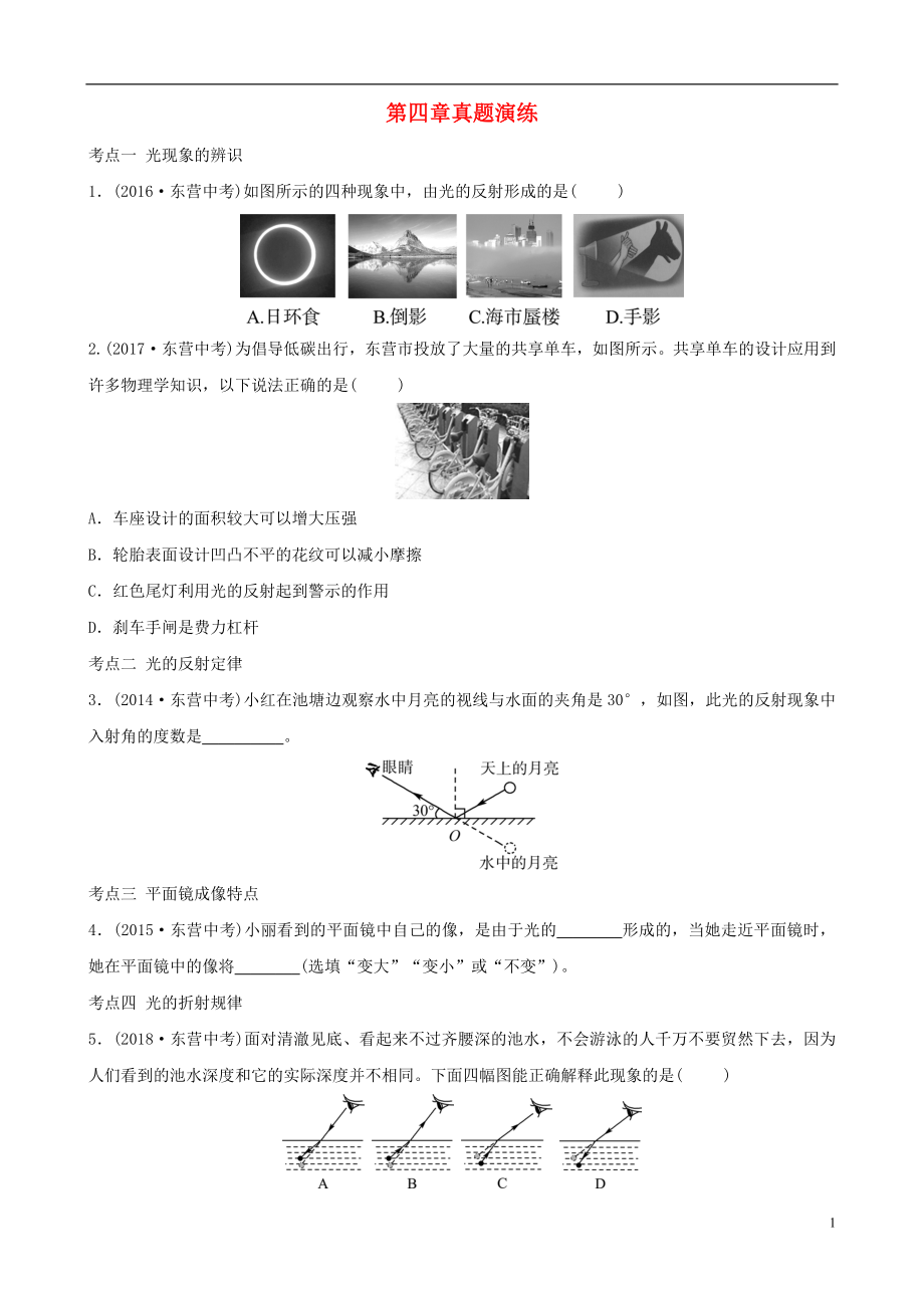 （東營(yíng)專版）2019年中考物理總復(fù)習(xí) 第四章 光現(xiàn)象真題演練_第1頁(yè)