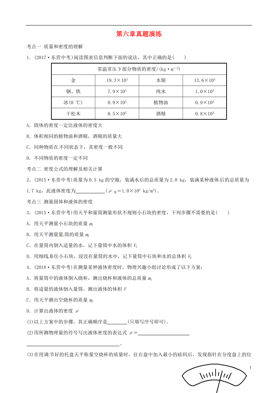 （東營專版）2019年中考物理總復(fù)習(xí) 第六章 質(zhì)量與密度真題演練_第1頁