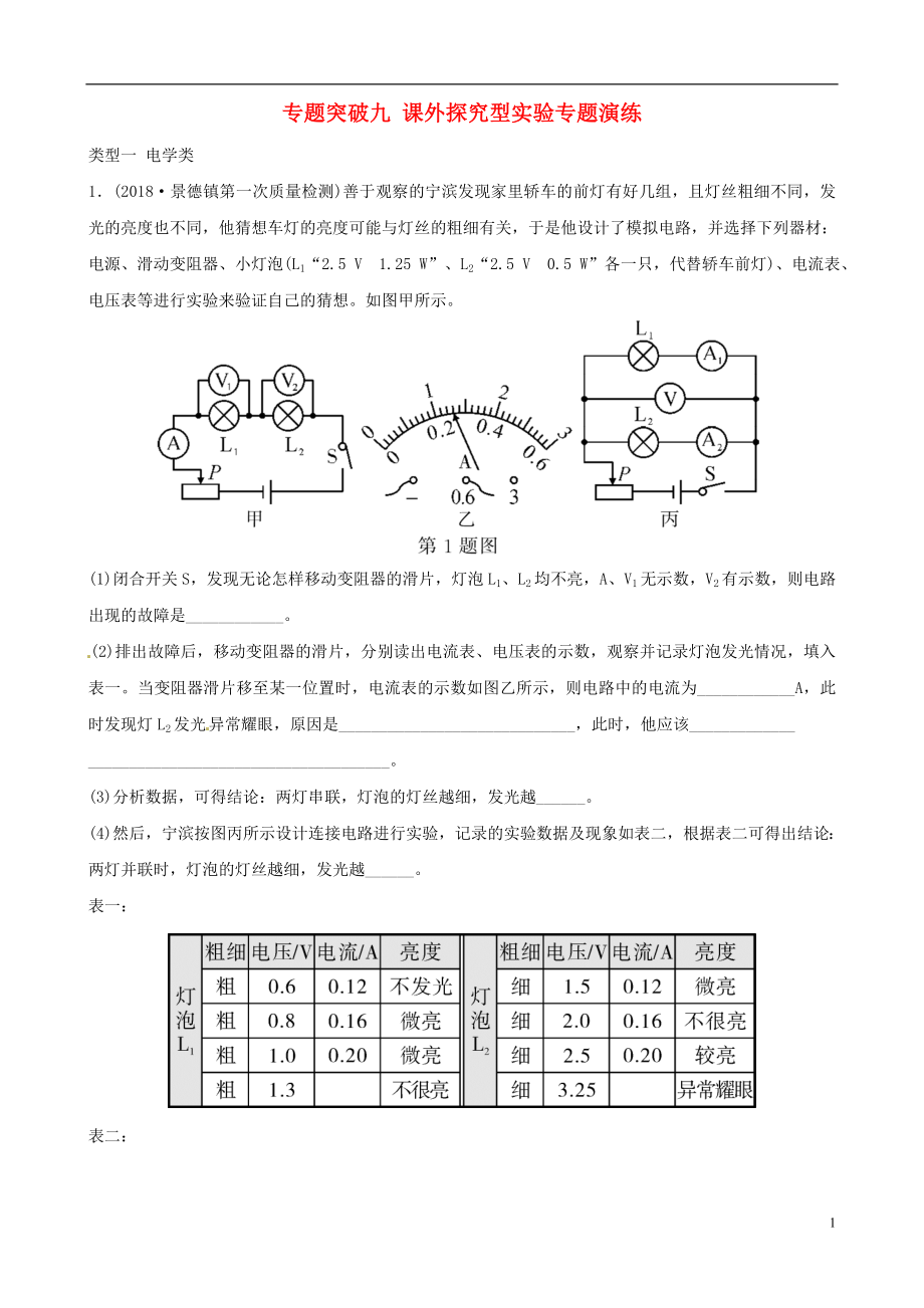 （江西專版）2019中考物理總復(fù)習(xí) 專題突破九 課外探究型實(shí)驗(yàn)專題演練_第1頁