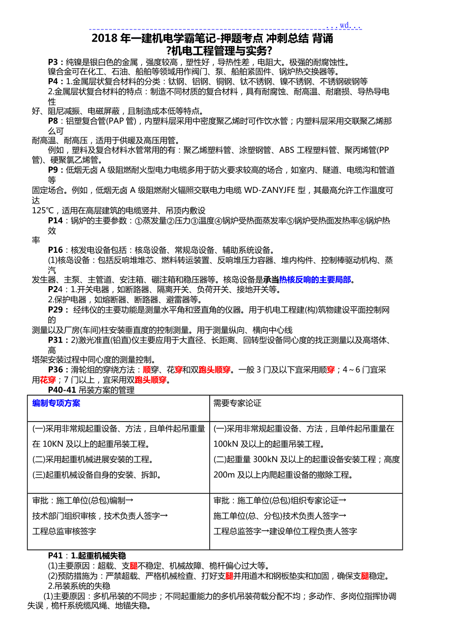 2018一建機(jī)電學(xué)霸筆記_押題考點(diǎn) 沖刺總結(jié) 背誦_第1頁(yè)