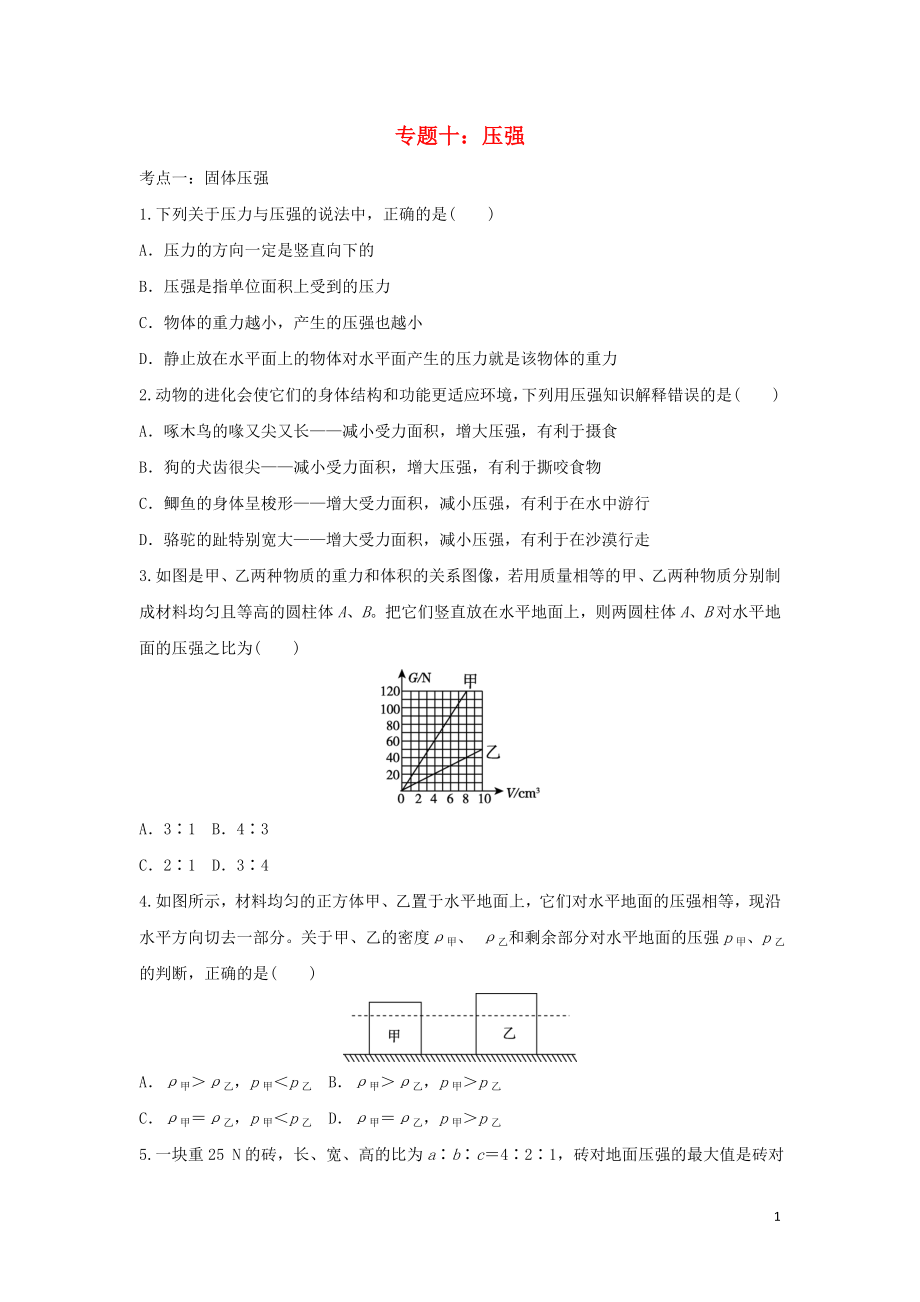 聚焦2020中考物理考點提升訓練 專題十 壓強試題_第1頁