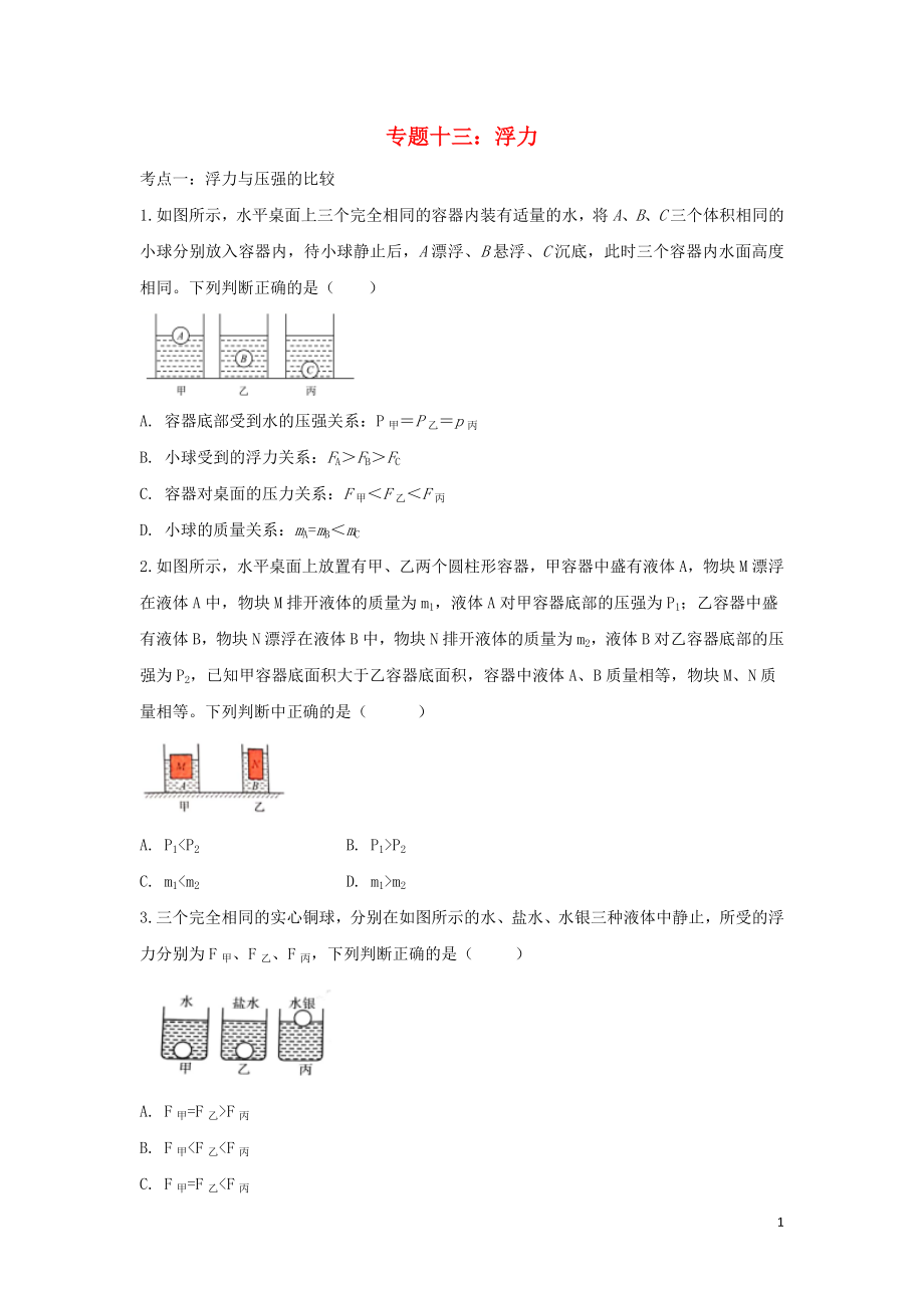 聚焦2020中考物理考点提升训练 专题十三 浮力试题_第1页