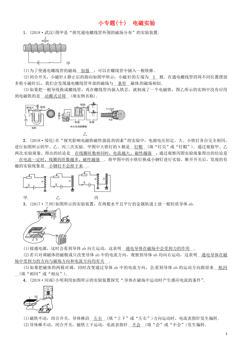 （安徽專版）2018年九年級物理全冊 小專題（十）電磁實(shí)驗(yàn)習(xí)題 （新版）新人教版_第1頁