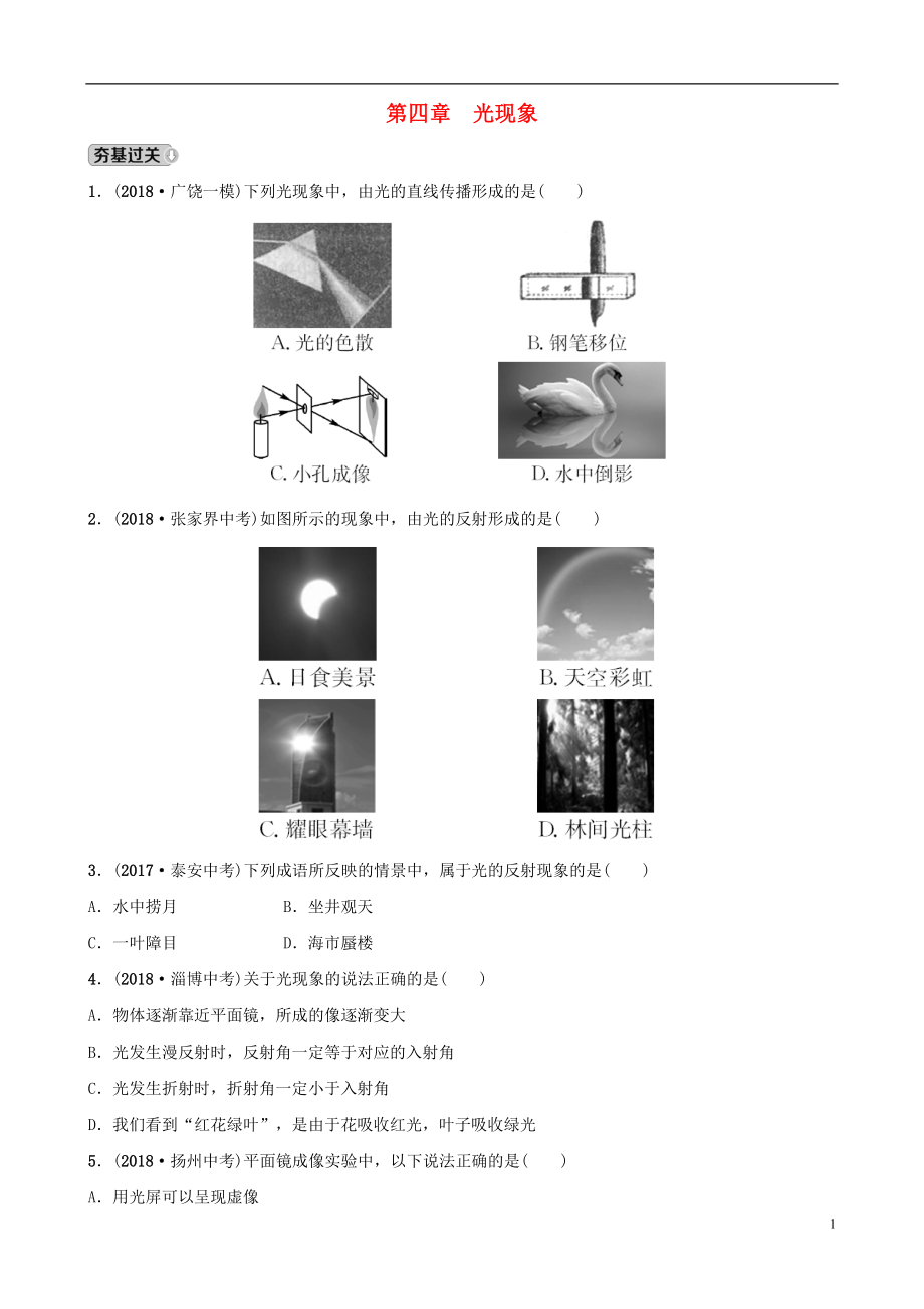 （東營專版）2019年中考物理總復(fù)習 第四章 光現(xiàn)象習題_第1頁