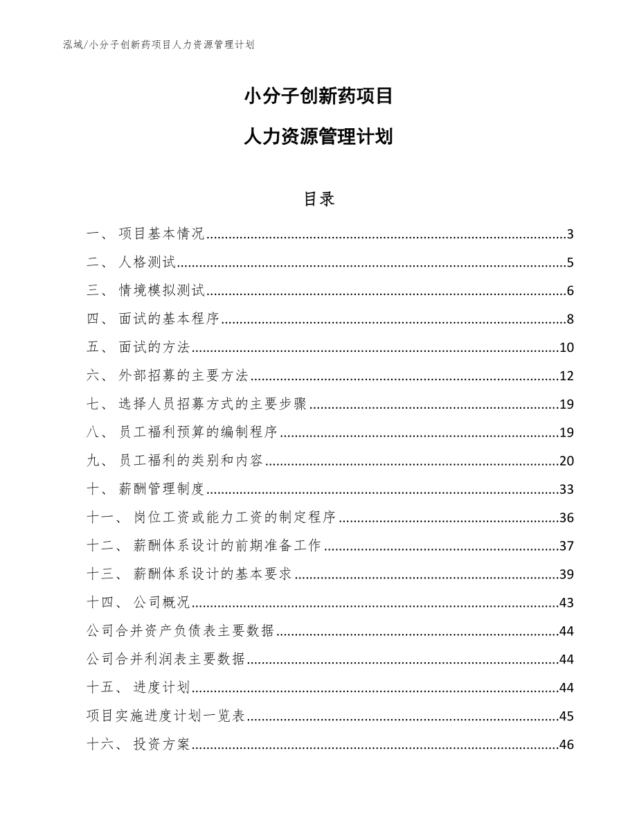 小分子创新药项目人力资源管理计划（范文）_第1页