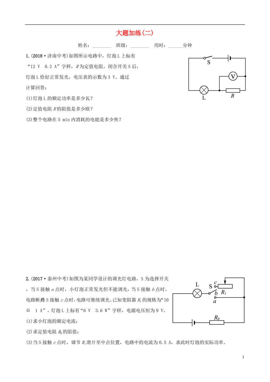 （淄博专版）2019届中考物理 大题加练二_第1页