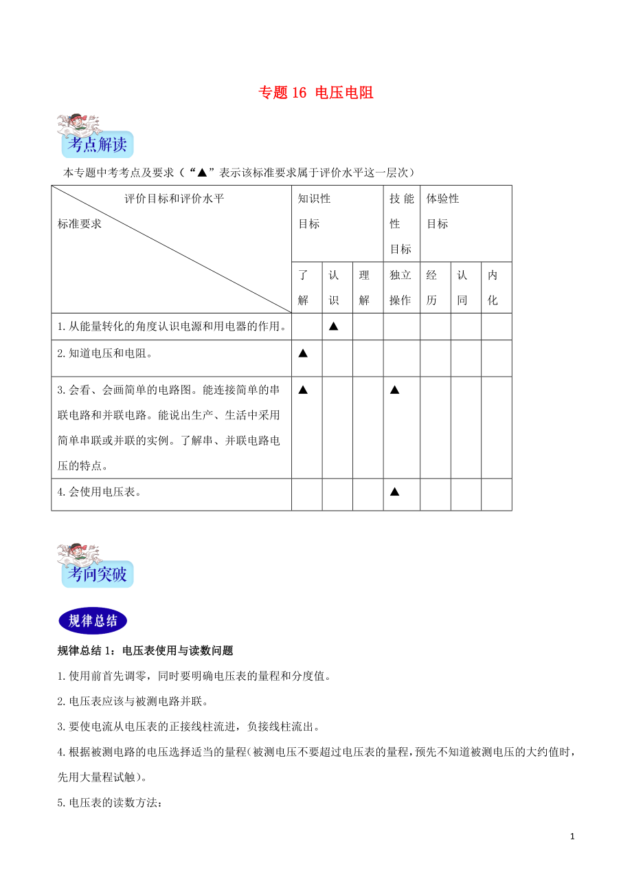 （2年中考1年模擬）備戰(zhàn)2020年中考物理 專題16 電壓電阻（含解析）_第1頁(yè)