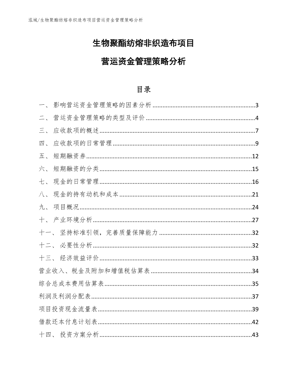 生物聚酯纺熔非织造布项目营运资金管理策略分析_第1页