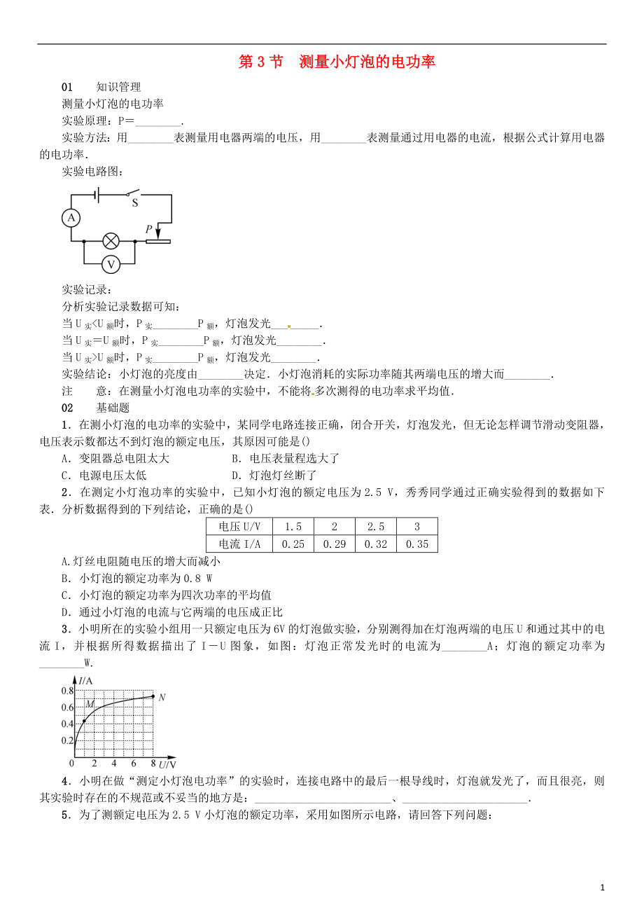 （廣東專(zhuān)用版）2018-2019學(xué)年九年級(jí)物理全冊(cè) 第十八章 第3節(jié) 測(cè)量小燈泡的電功率習(xí)題 （新版）新人教版_第1頁(yè)