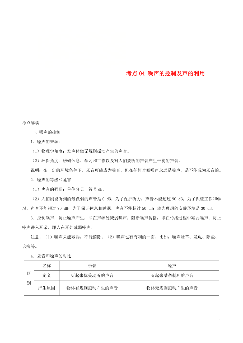 （全國通用）備戰(zhàn)2020中考物理 考點一遍過 考點04 噪聲的控制及聲的利用（含解析）_第1頁