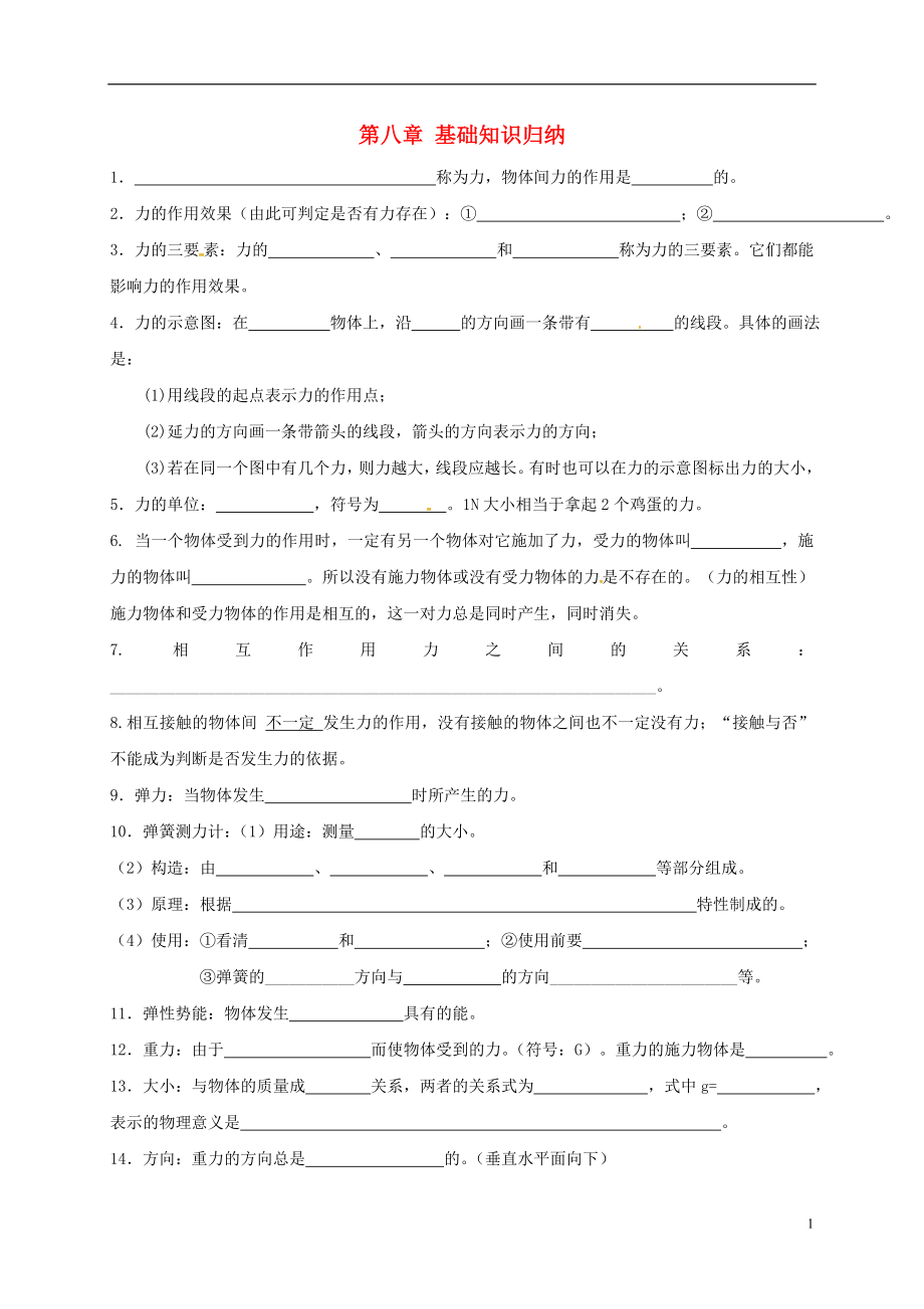 江蘇省鹽城市大豐區(qū)八年級物理下冊 第八章 力基礎(chǔ)知識歸納（無答案）（新版）蘇科版_第1頁