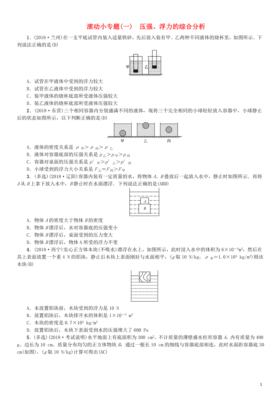 （河北專版）2018年秋中考物理總復(fù)習(xí) 滾動(dòng)小專題（一）壓強(qiáng)、浮力的綜合分析_第1頁(yè)