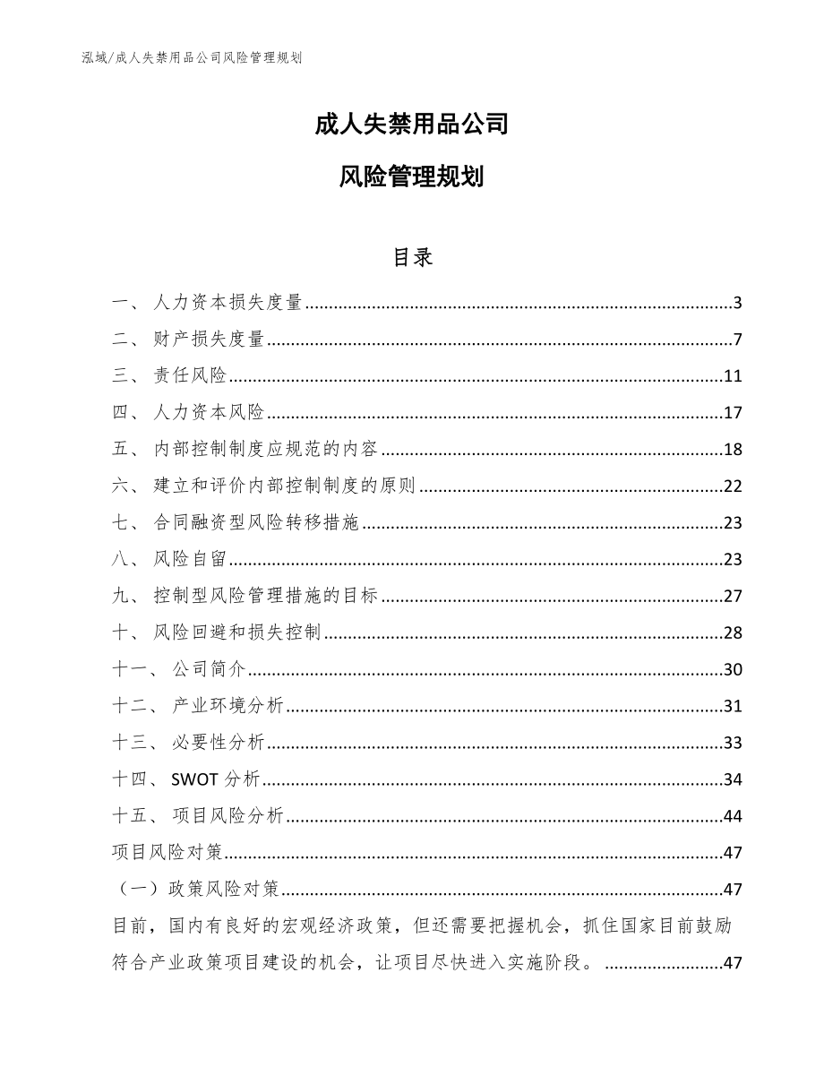 成人失禁用品公司风险管理规划_第1页