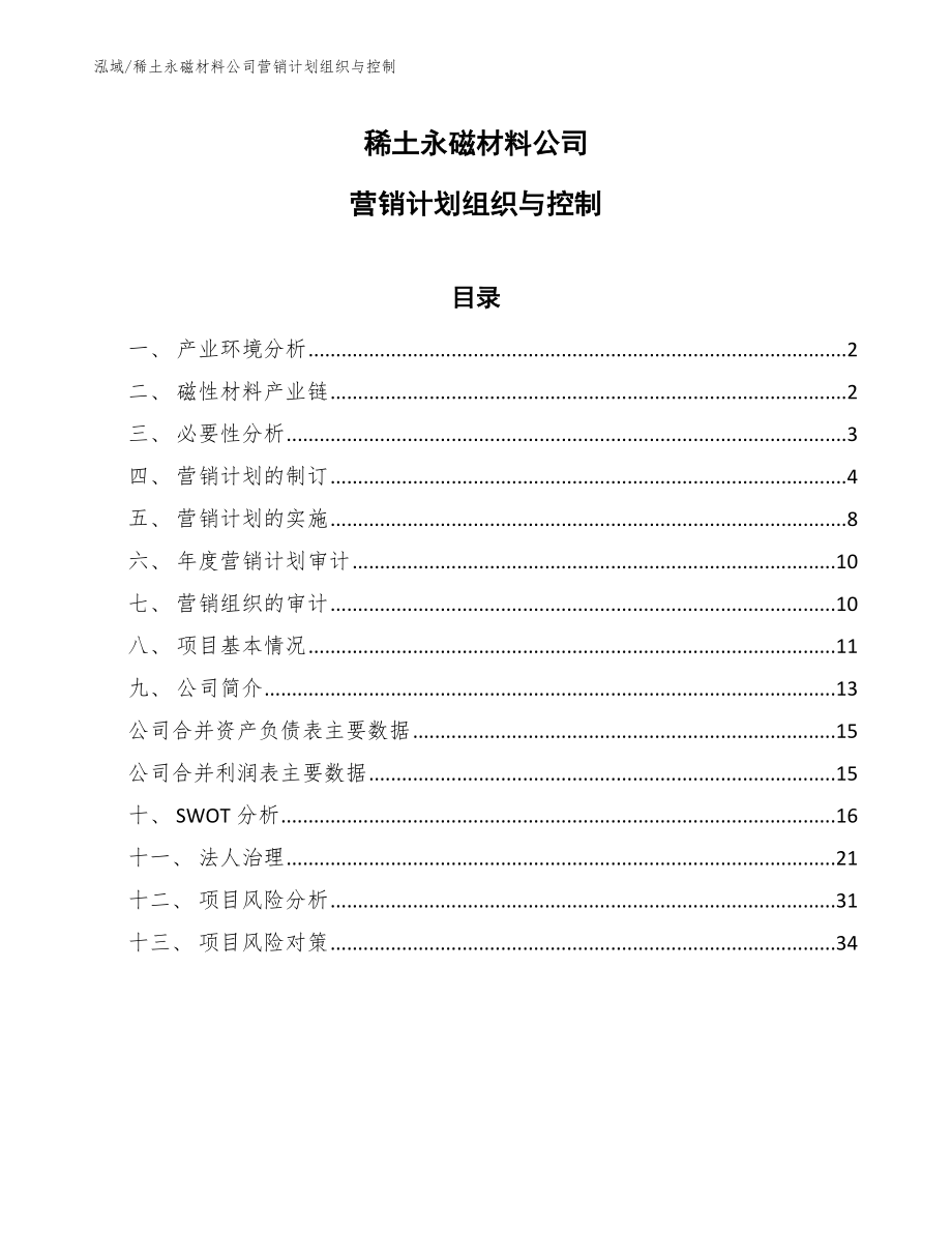 稀土永磁材料公司营销计划组织与控制_第1页