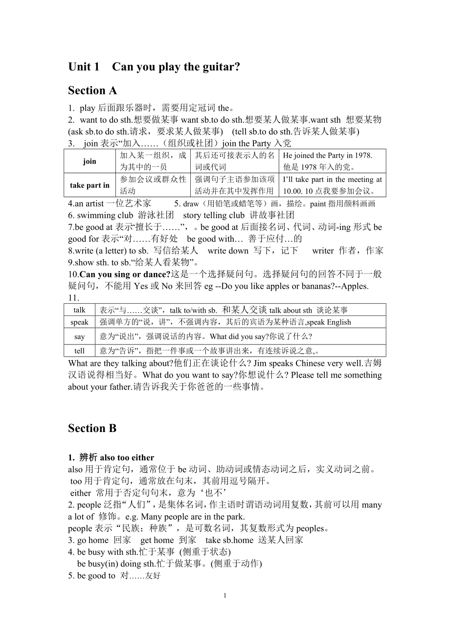 人教版七下Unit 1 sectionA和B知識(shí)點(diǎn)歸納總結(jié)_第1頁