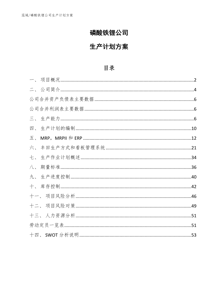 磷酸铁锂公司生产计划方案_范文_第1页