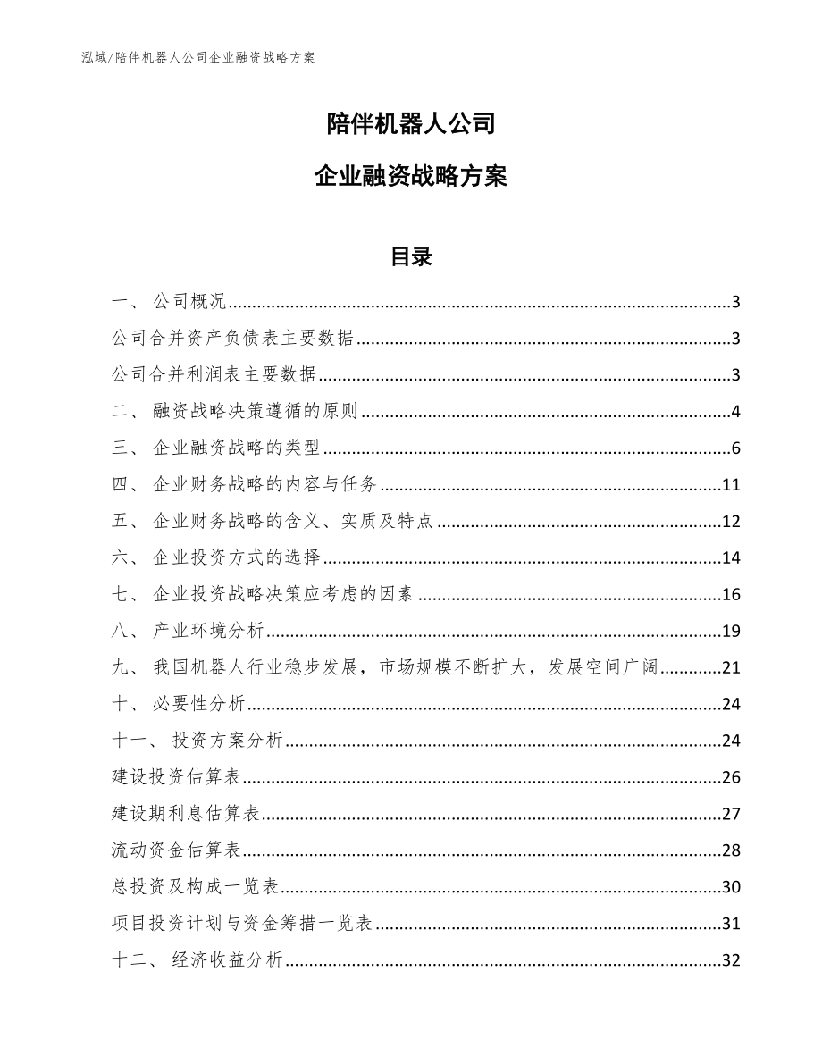 陪伴机器人公司企业融资战略方案（范文）_第1页