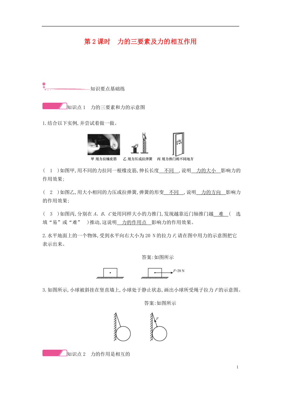 2020年春八年級物理下冊 第七章 力 第1節(jié) 力 第2課時力的三要素及力的相互作用分層精煉（新版）新人教版_第1頁