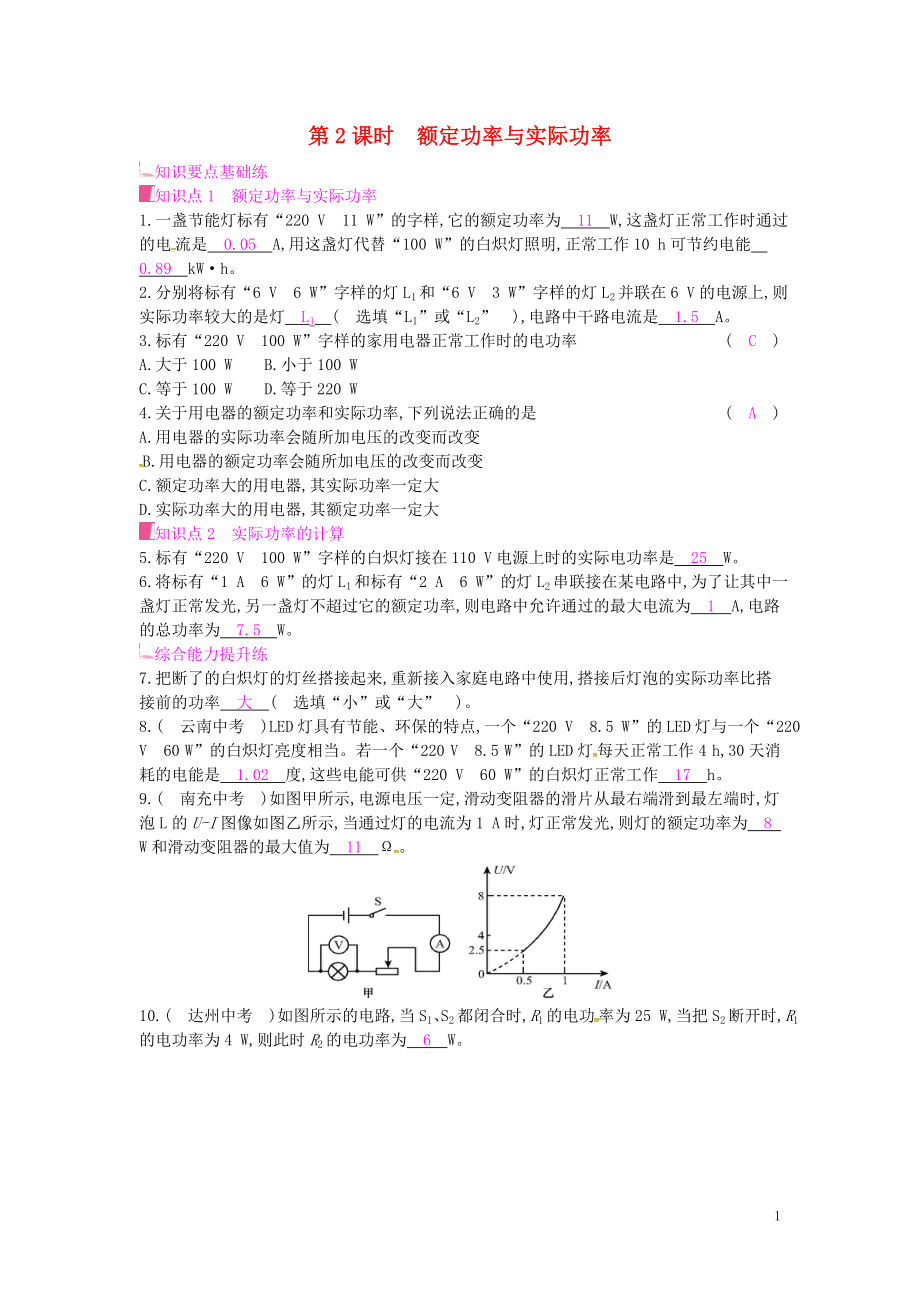 2019年秋九年級物理全冊 第十六章 電流做功與電功率 第二節(jié) 電流做功的快慢 第2課時 額定功率與實際功率課時作業(yè) （新版）滬科版_第1頁