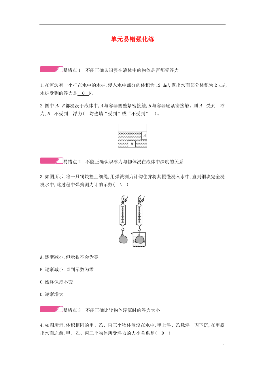 2020年春八年級(jí)物理下冊(cè) 第十章 浮力單元易錯(cuò)強(qiáng)化練分層精煉（新版）新人教版_第1頁(yè)