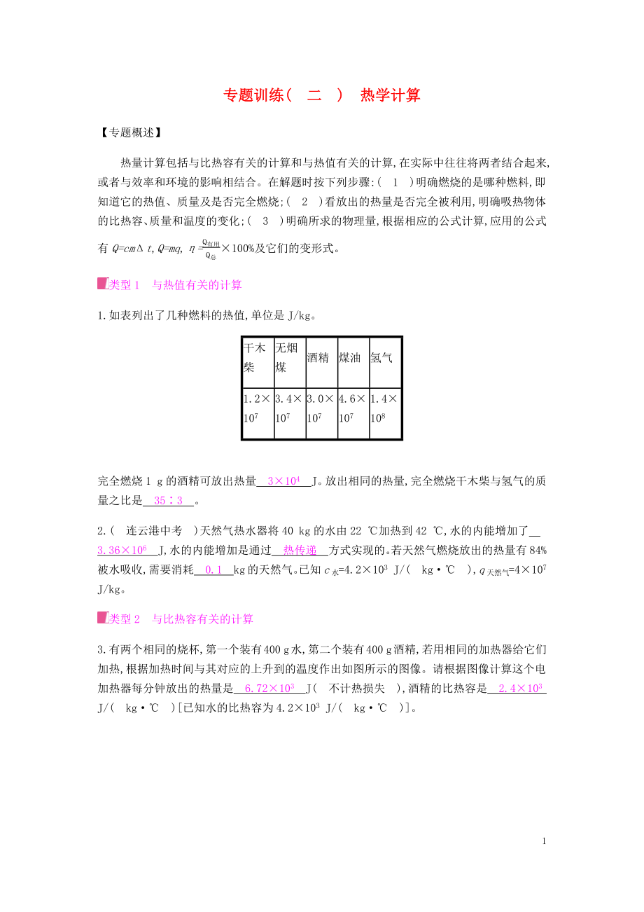 2019秋九年級物理全冊 第十三章 內(nèi)能與熱機 專題訓(xùn)練（二）熱學(xué)計算習(xí)題 （新版）滬科版_第1頁