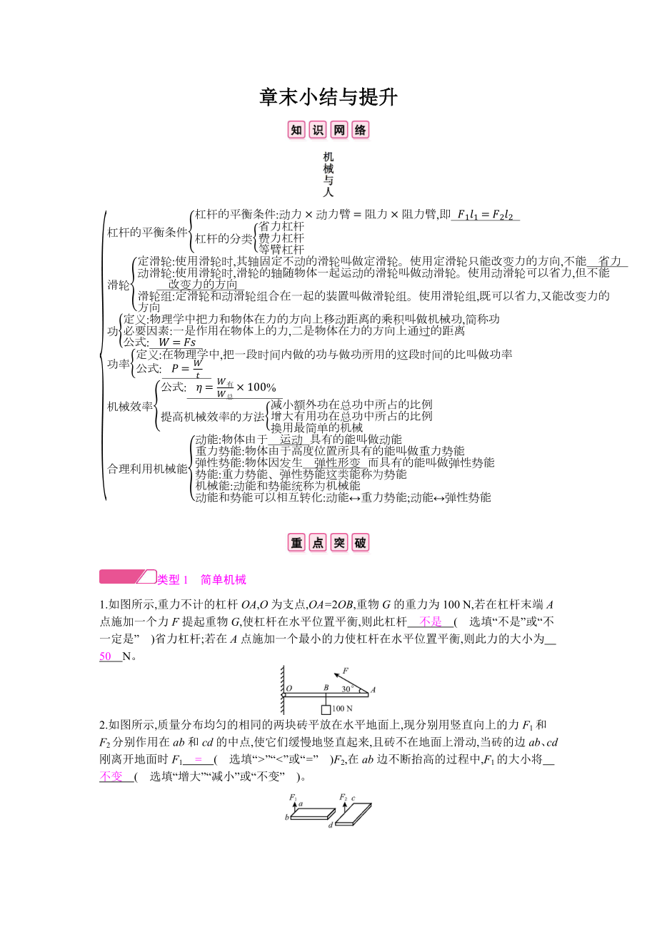 2020年春八年級物理全冊 第十章 機械與人章末小結與提升分層精煉 （新版）滬科版_第1頁