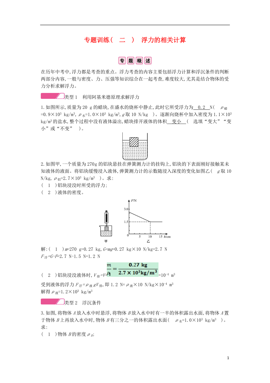 2020年春八年級(jí)物理全冊 第九章 浮力專題訓(xùn)練（二）浮力的相關(guān)計(jì)算分層精煉 （新版）滬科版_第1頁