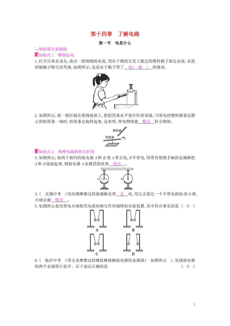 2019年秋九年級物理全冊 第十四章 了解電路 第一節(jié) 電是什么課時作業(yè) （新版）滬科版_第1頁