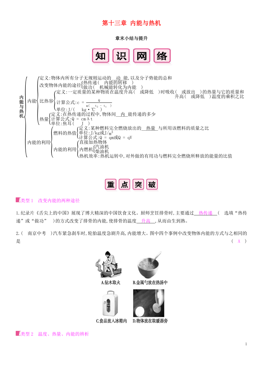 2019秋九年級(jí)物理全冊(cè) 第十三章 內(nèi)能與熱機(jī)章末小結(jié)與提升習(xí)題 （新版）滬科版_第1頁(yè)