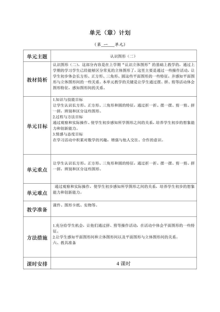 人教版数学一年级下册第一单元教学计划_第1页