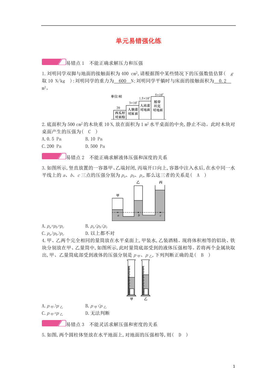 2020年春八年級物理全冊 第八章 壓強單元易錯強化練分層精煉 （新版）滬科版_第1頁