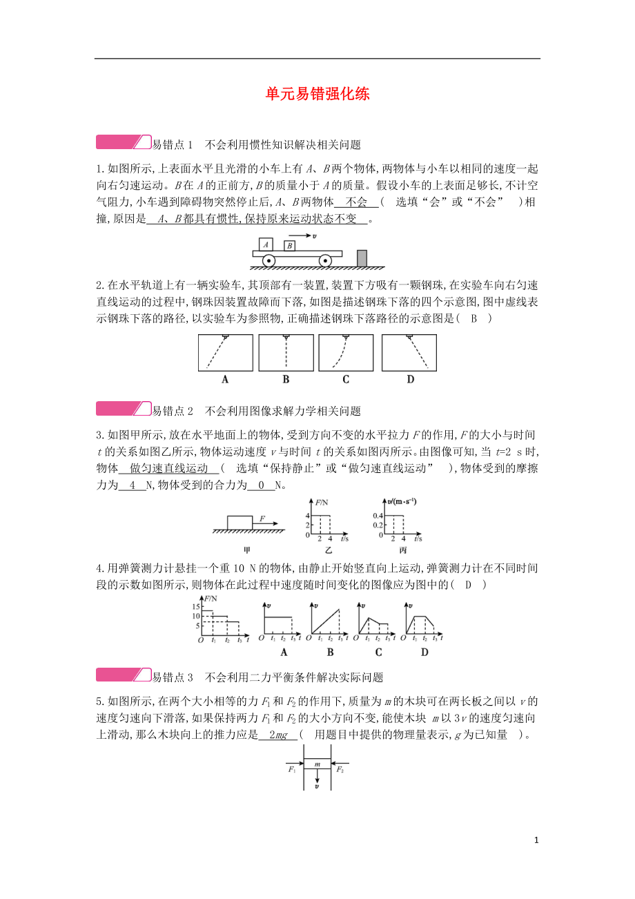 2020年春八年級物理全冊 第七章 力與運動單元易錯強化練分層精煉 （新版）滬科版_第1頁