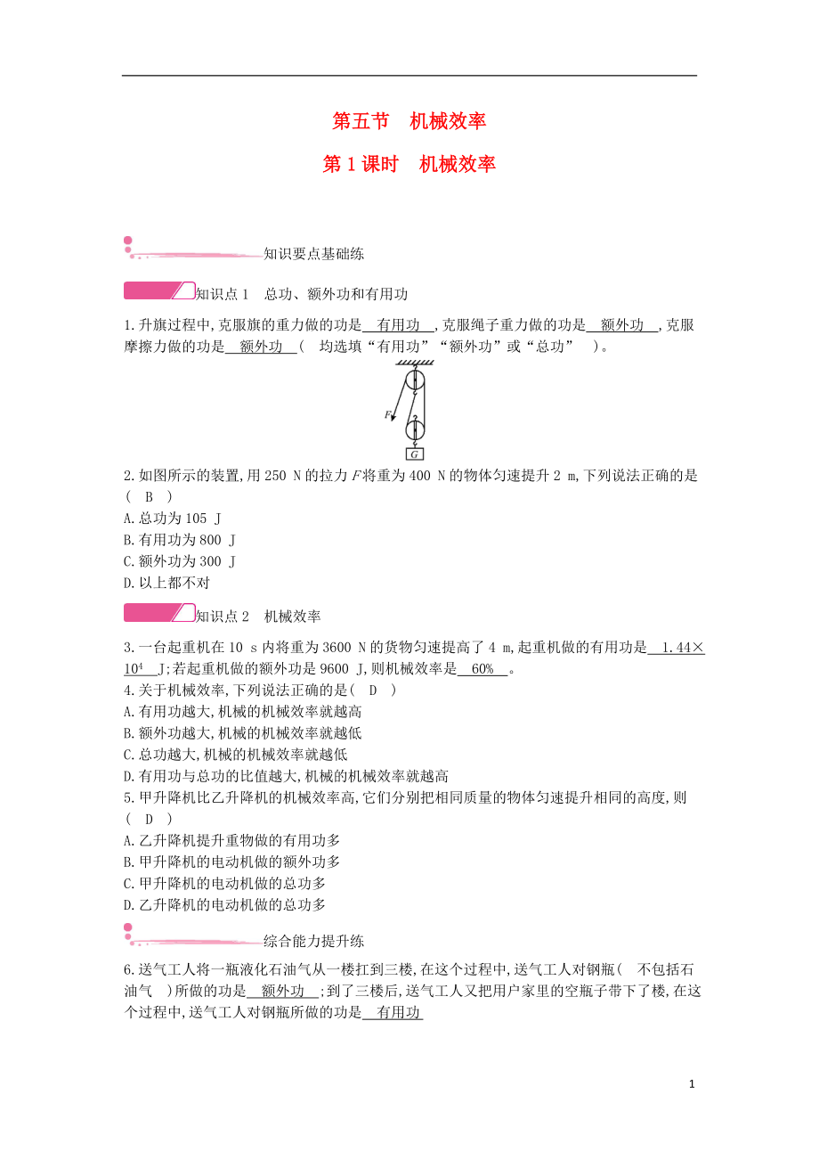 2020年春八年級物理全冊 第十章 機(jī)械與人 第五節(jié) 機(jī)械效率第1課時(shí) 機(jī)械效率分層精煉 （新版）滬科版_第1頁