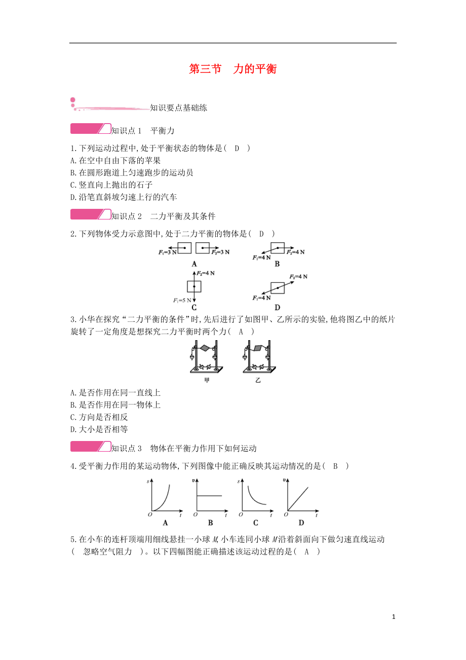 2020年春八年級(jí)物理全冊(cè) 第七章 力與運(yùn)動(dòng) 第三節(jié) 力的平衡分層精煉 （新版）滬科版_第1頁(yè)