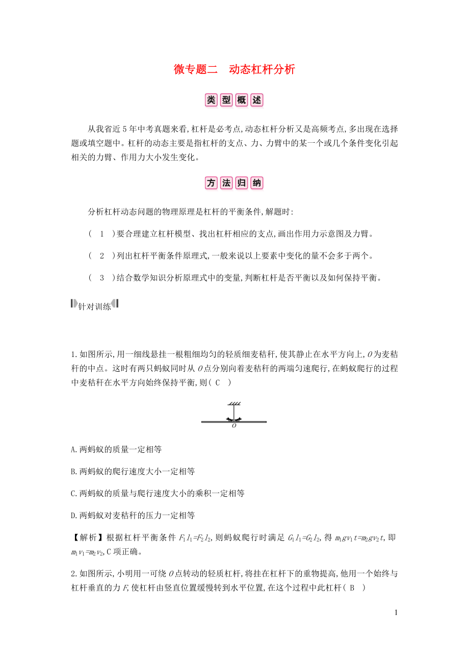 安徽省2020年中考物理總復習 模塊四 力學 微專題二 動態(tài)杠桿分析_第1頁