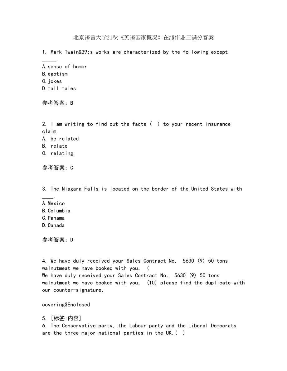 北京语言大学21秋《英语国家概况》在线作业三满分答案83_第1页