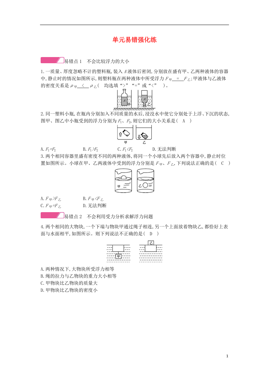 2020年春八年級物理全冊 第九章 浮力單元易錯強化練分層精煉 （新版）滬科版_第1頁